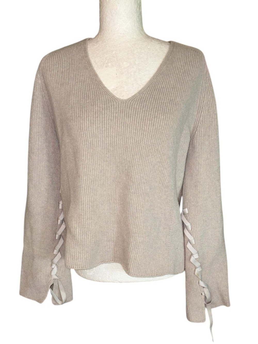 Helmut Lang Oatmeal Cashmere Blend Laced Ribbon Sleeve Ribbed Sweater - M